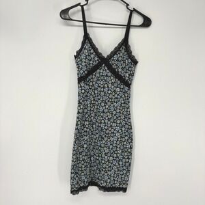 H&M Divided Dress Womens XS Blue Floral Lace Trim Slip Bodycon Mini y2k Style